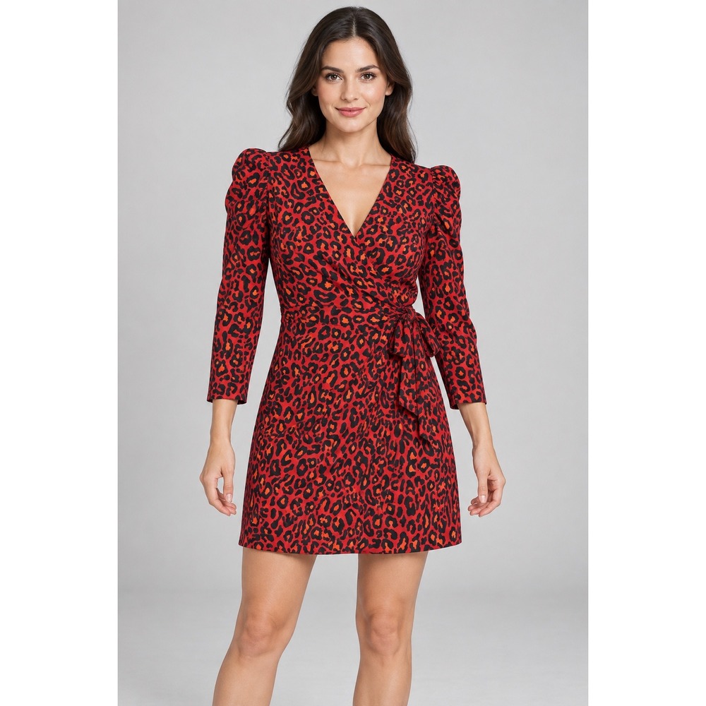 Banana Republic Dress Womens 6 Red Black Leopard Print Wrap Style